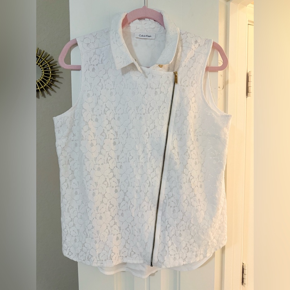 Calvin Klein White Lace Button Down Shirt Vest